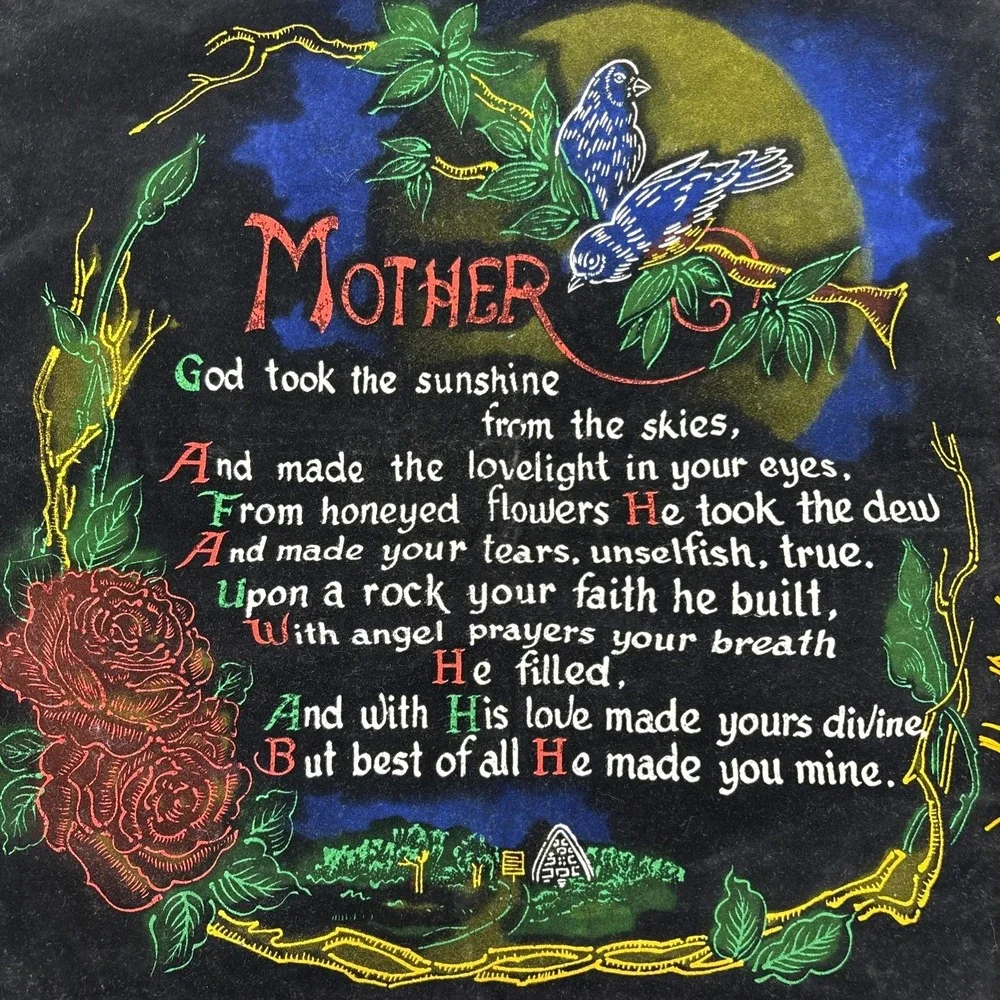 Vintage 1940s Mother Throw Pillow Case Black Velvet Fringe Christian Poem Japan